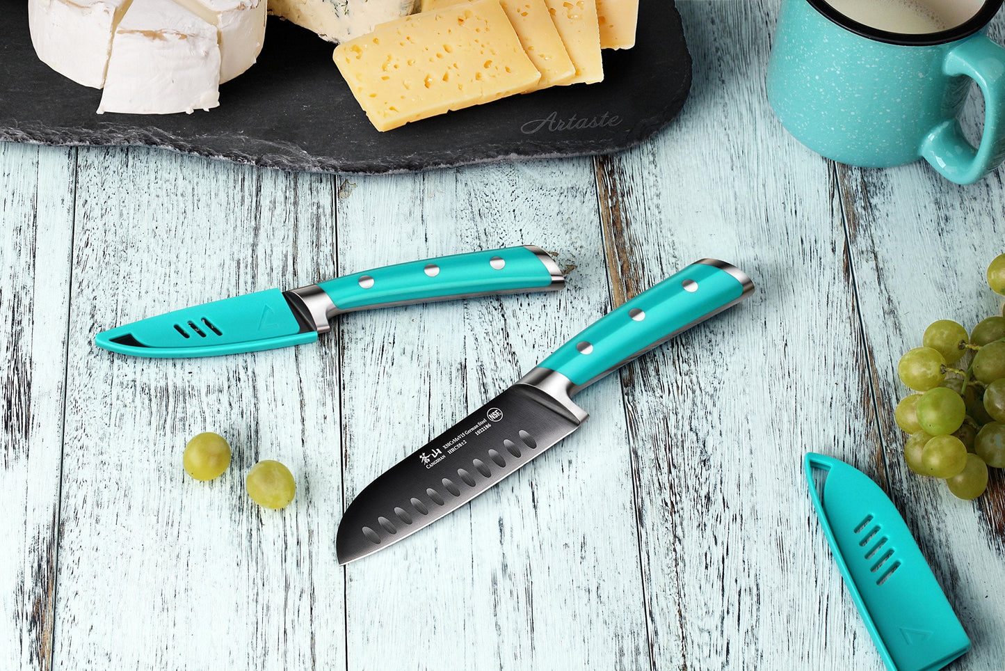 Cangshan S+ Series 1022117 German Steel Forged 2-Piece Titanium Coated Santoku Starter Knife Set with Sheaths, French Teal