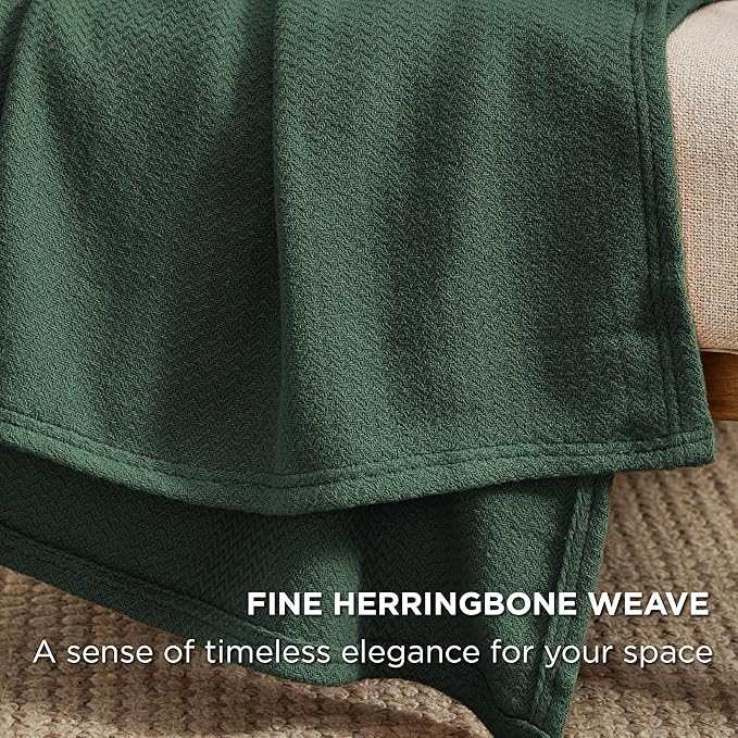 Bedsure 100% Cotton Blanket Twin XL Size for Bed - Breathable and Lightweight, Soft Cozy Textured Herringbone Woven Blanket for Summer Spring, Dark Green, 66x90 inches