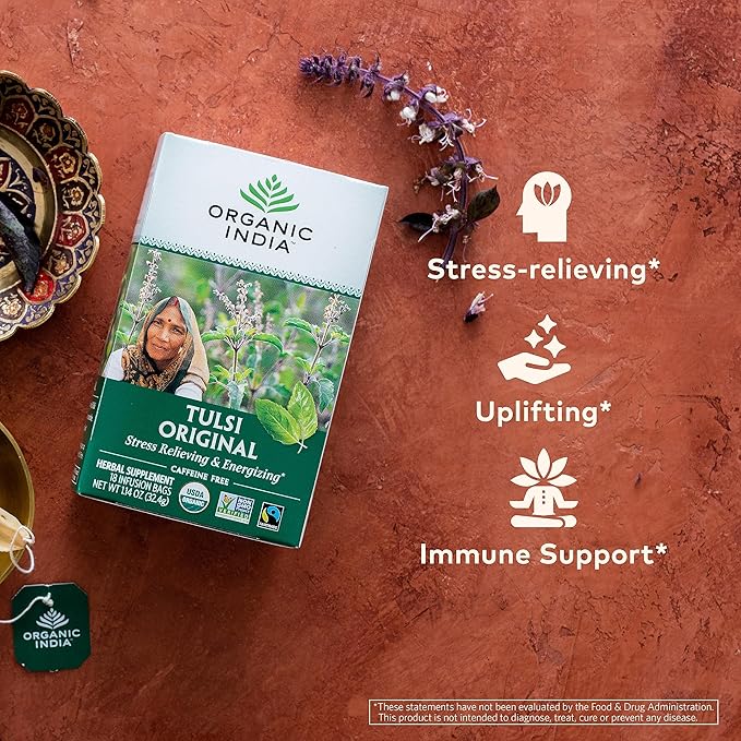 ORGANIC INDIA Tulsi Original Herbal Tea - Holy Basil and African Basil Calming and Stress Relief Tea, Immune Support, USDA Certified Organic, Non-GMO, Caffeine-Free - 18 Infusion Bags, 6 Pack