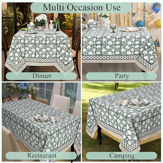 Ridhi Hand Block Print Turquoise Moss Green Rectangle Cotton Tablecloth 120" x 80" Reusable Table Cover Decorative Everyday Use for Dining, Farmhouse, Home Gift for Spring, Easter, Valentine