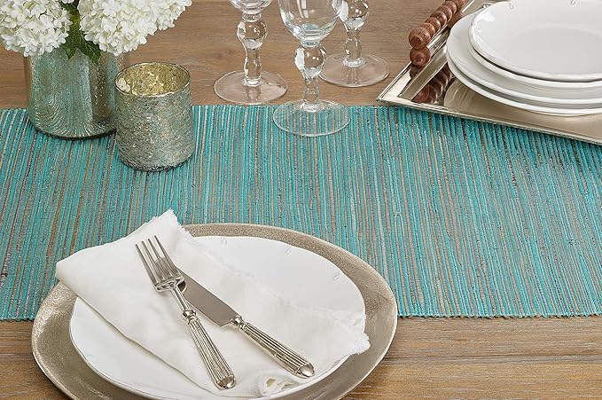 Saro Lifestyle Melaya Collection Shimmering Woven Nubby Table Runner, 16"x72", Turquoise