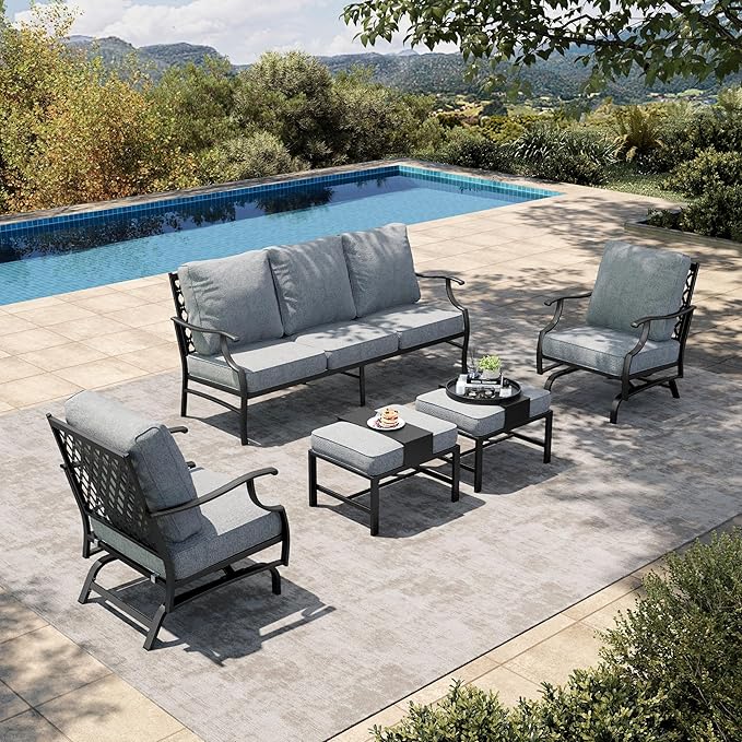 HERA'S HOUSE 5 Pieces Patio Furniture Set, 2 x Cushioned Rocking Chair, 2 x Ottoman, 1 x 3-Seat Sofa, All Cushioned 7 Seats Outdoor Conversation Set for Lawn Garden Backyard, Grey