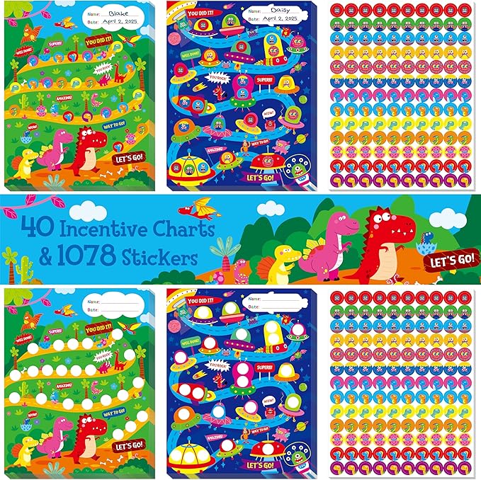 40 Pack Incentive Chart, 2 Adorable Designs with 1078 Stickers, Classroom Family Reward Chart System for Kids Homework Assignments, Attendance, Good Behavior, Chores, Potty Training Progress