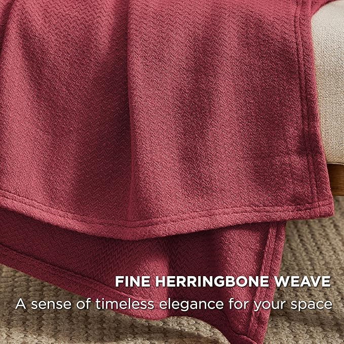 Bedsure 100% Cotton Blanket King Size for Bed - Breathable and Lightweight, Soft Cozy Textured Herringbone Woven Blanket for Summer Spring, Dark Red, 108x90 inches