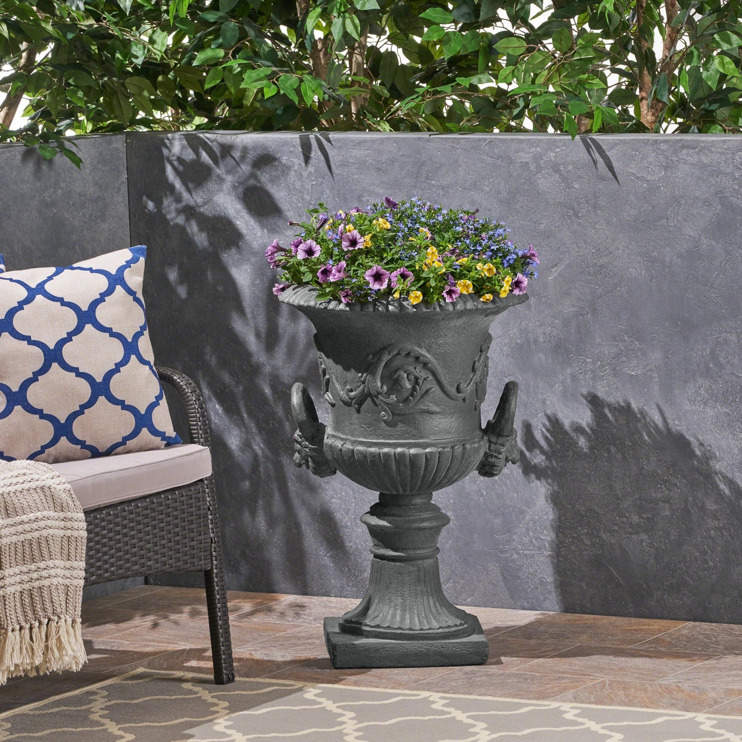 agnixnaf Garden Urn Planter,Outdoor Flower Pots Home Garden,Flower Plant Pot,Concrete Planter,Durable Structure,with Botanical Accents and Square Base