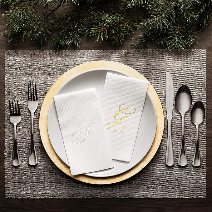 AH AMERICAN HOMESTEAD Disposable Hand Towels for Bathroom 50 Count - Guest Bathroom Essentials -Bathroom Paper Towels - Monogrammed Disposable Napkins - Wedding Napkins in Paper Towel Tray (Silver, B)