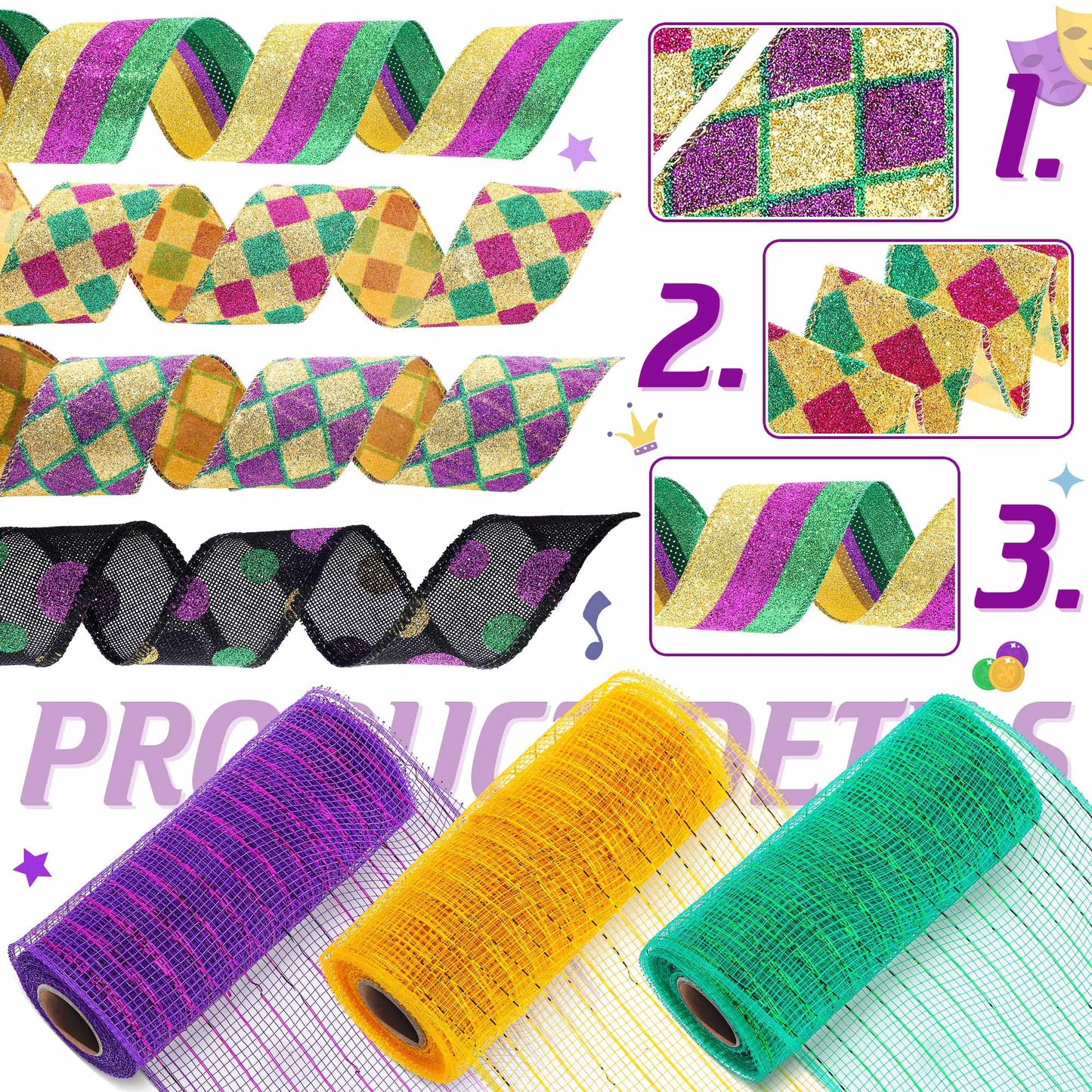 Jutom 7 Rolls 35 Yards Mardi Gras Wired Edge Ribbons Metallic Poly Mesh Purple Gold and Green Stripe Ribbon Glitter Metallic Wrapping Decor for Mardi Gras Masquerade Party Decoration