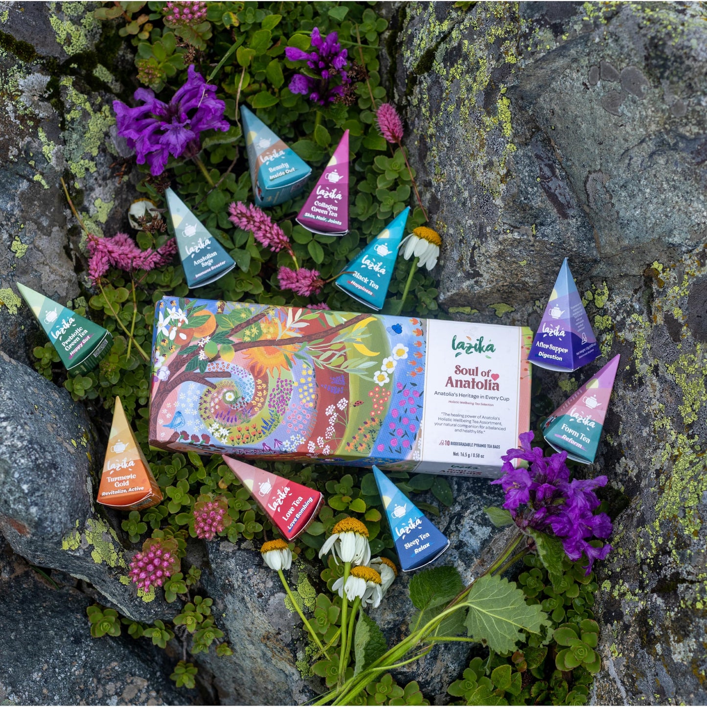 Lazika Tea Sampler with Lovely Presentation Box, 10 Counts, 2 of Each Blend Individually Wrapped, Black, Green and Herbal Tea Variety Gift Set, Premium Collection with Pyramid Infuser Bag, Handcrafted