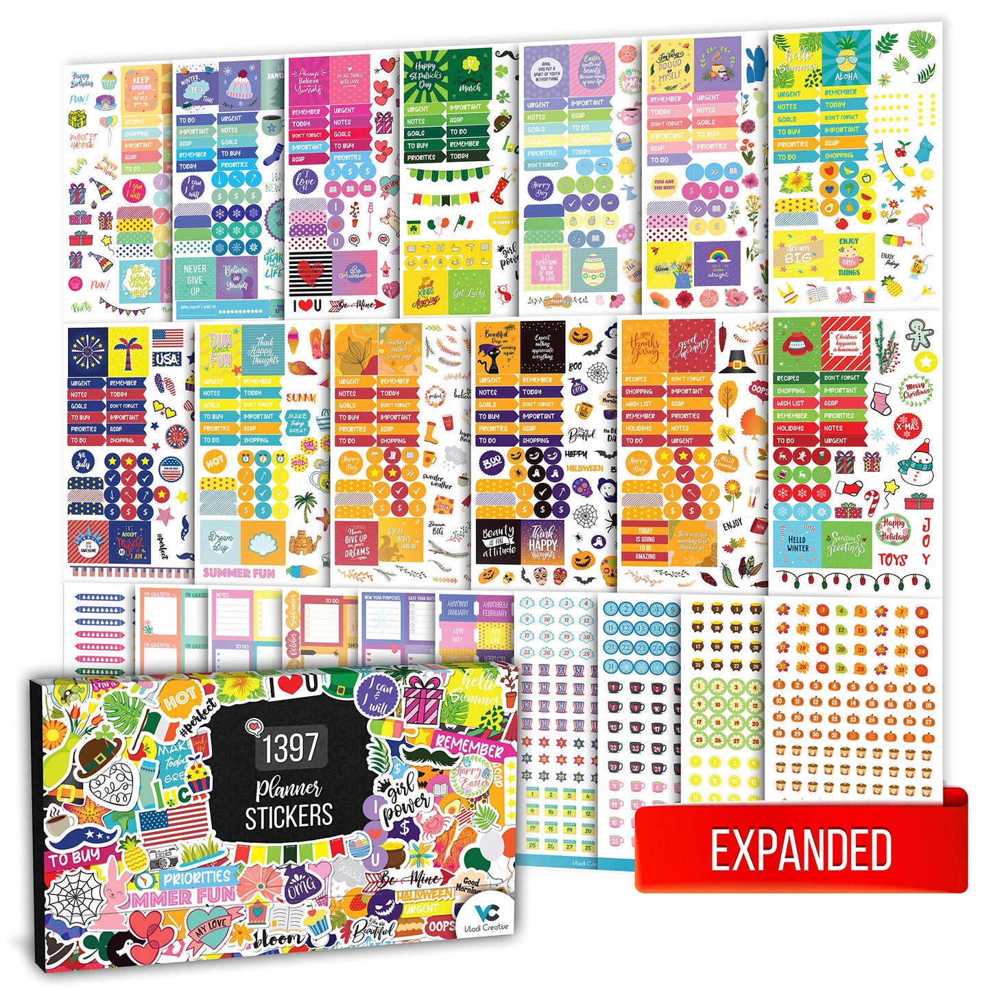 Vladi Creative Expanded Aesthetic Planner Stickers – Contains 1397 Pcs, 23 Sheets with Numbered Dates, Seasonal, Scrapbook, Calendar & Journal for Monthly Planning, Organization, and Creative Fun