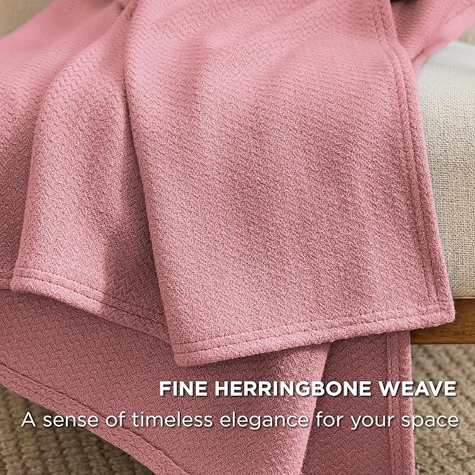 Bedsure 100% Cotton Blanket King Size for Bed - Breathable and Lightweight, Soft Cozy Textured Herringbone Woven Blanket for Summer Spring, Pink, 108x90 inches
