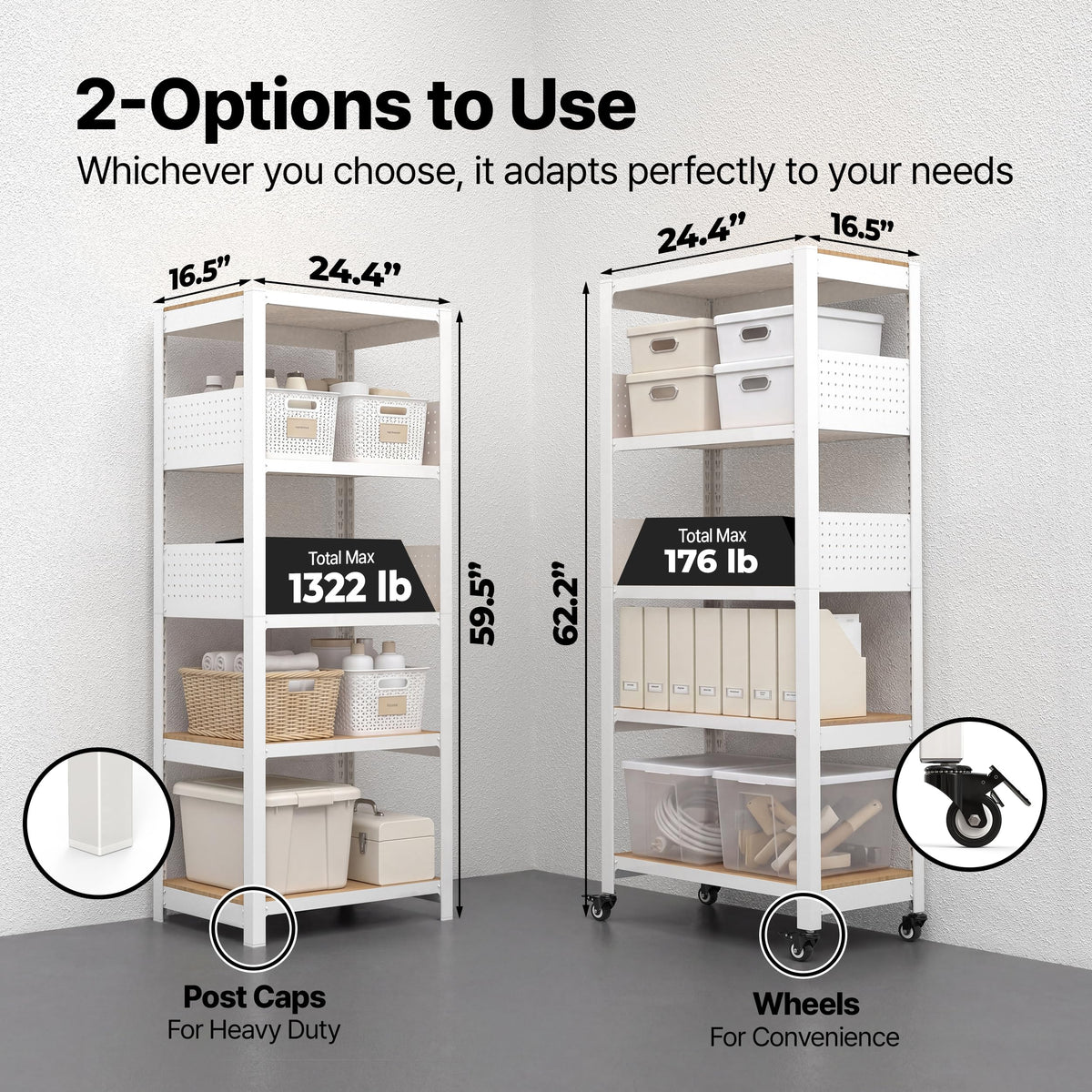 5 Tier Rolling Shelving Unit with Lockable Wheels Multipurpose Storage Cart with Pegboards for Kitchen Laundry Pantry 24" W 2Pack (2 Count)