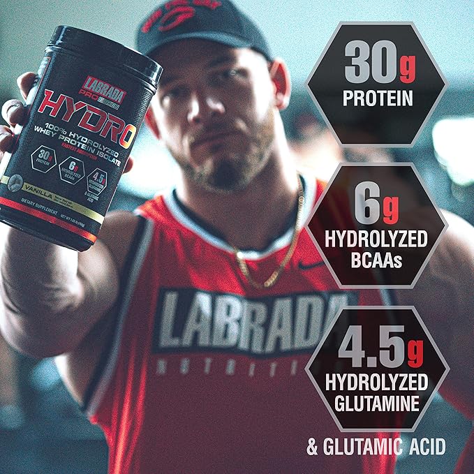 Labrada Hydro 100% Pure Hydrolyzed Whey Protein Isolate Powder, Lactose Free, 6g BCAA’s, 4.5g Glutamine, Fastest Digesting Whey Available, Instant Mixing, Delicious Taste 20 Servings (Vanilla)