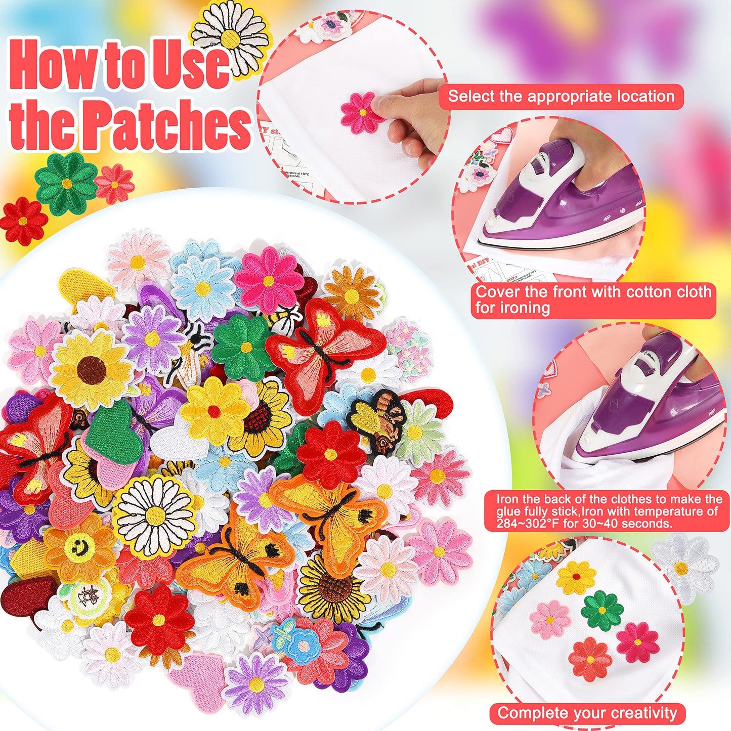 NICEVINYL Random Iron on Patches for Clothing: 120PCS Flower Heart Patch Iron on Cute Butterfly Embroidered Sew Applique Repair Patches for Jeans Jackets Backpacks