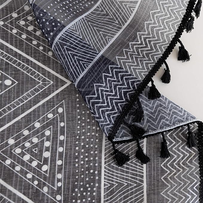 Black Geometric Sheer Curtains 63 inch Long, Fringed Edges and Textured Semi Sheer Curtains Large Window Treatments for Living Room/Bedroom, 2 Panels