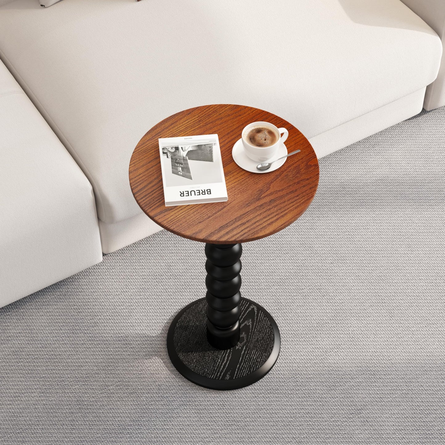 zaowofires Solid Wood Round Side Table, Small Drink Table,Cocktail Table, Wooden Pedestal End Table, Plant Stand for Living Room, Bedroom,Office and Corners (Walnut/Black, 11.8" W*21.65" H)
