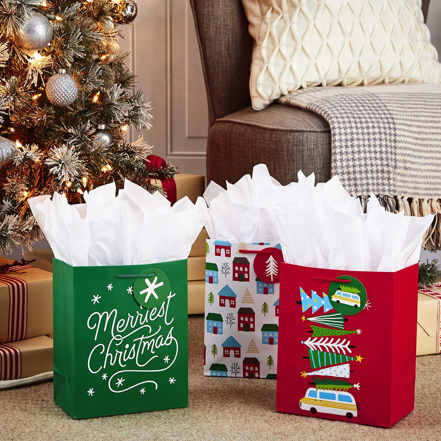 Hallmark 9" Medium Christmas Gift Bag Bundle (Pack of 6; Little Houses and Trees, MerriestChristmas, Vintage Van with ChristmasTrees) - 5XGB4890