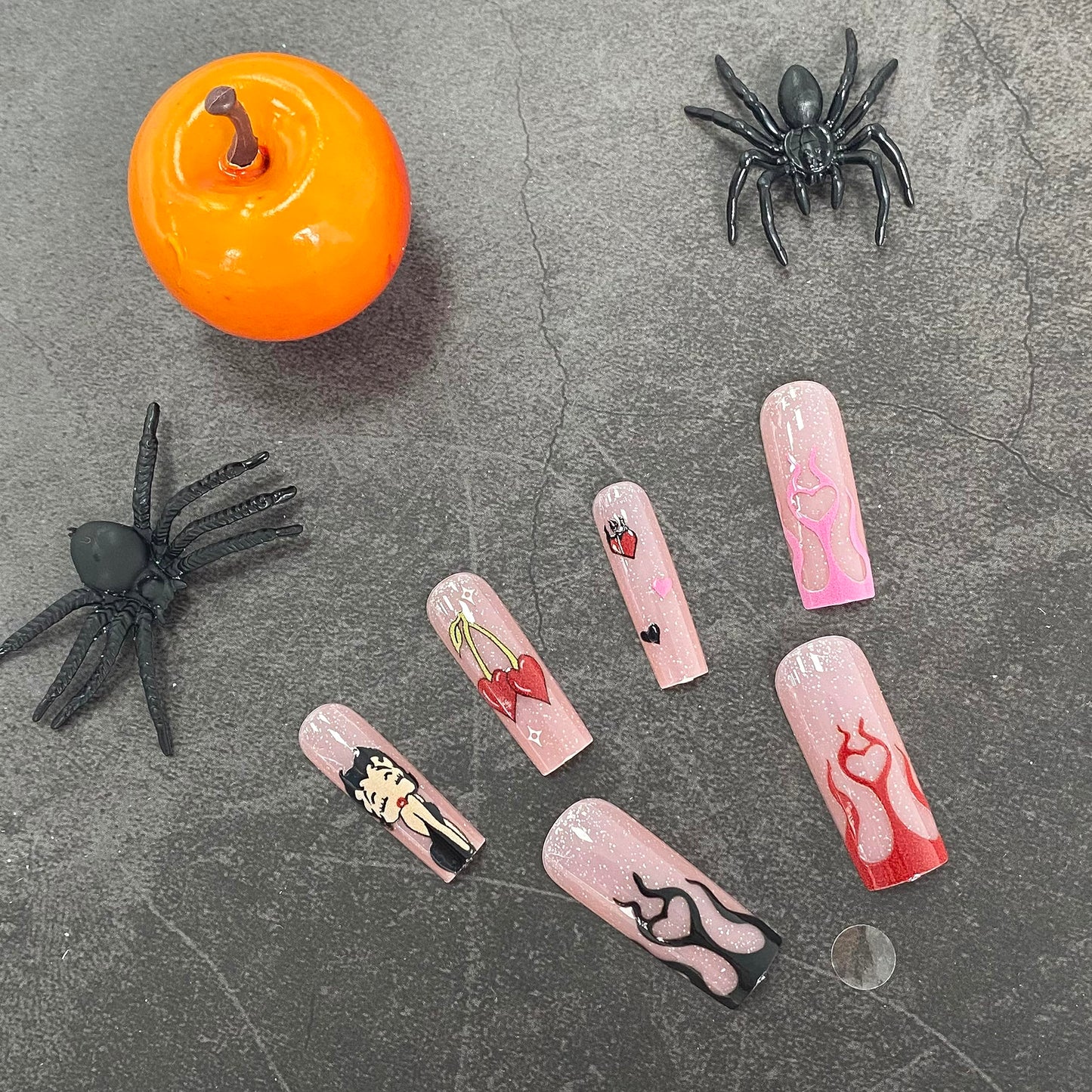 Halloween Press-On Nails Long with Cherry Flame Heart Designs - Nude Acrylic False Nails - 24pcs