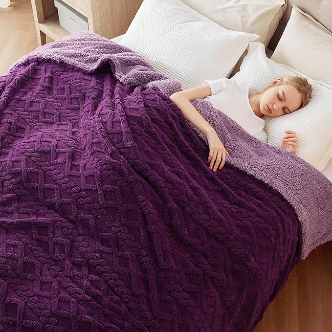 Bedsure Sherpa King Size Blanket for Bed- GentleSoft Fleece Fluffy & Cozy Cable Jacquard Tufted for Women Gift, Thick and Warm Blankets for Winter, Purple, 108x90 Inches