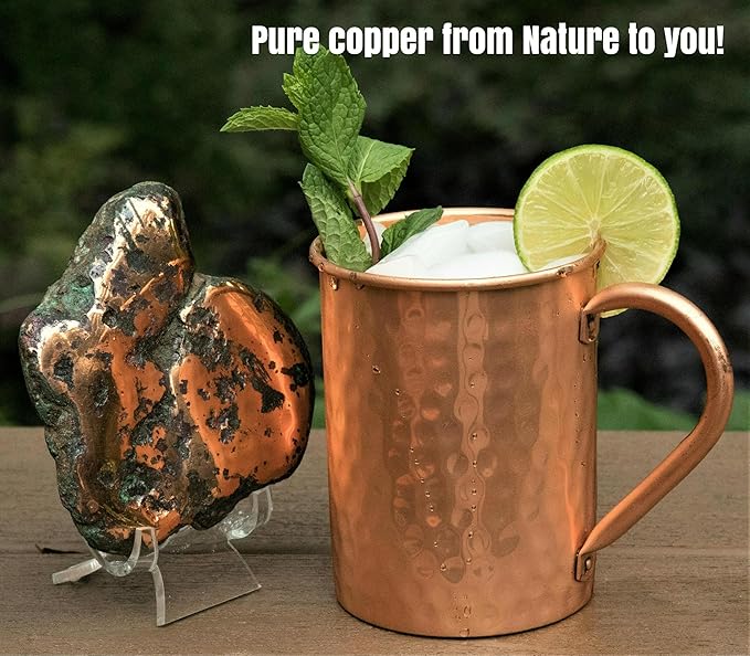 Copper Mules PURE Copper Mug RAW Copper Interior Ideal for Ayurvedic Health Benefits and Moscow Mules - Hand Hammered Finish - Authentic and Strong Riveited Handle - Holds 16oz