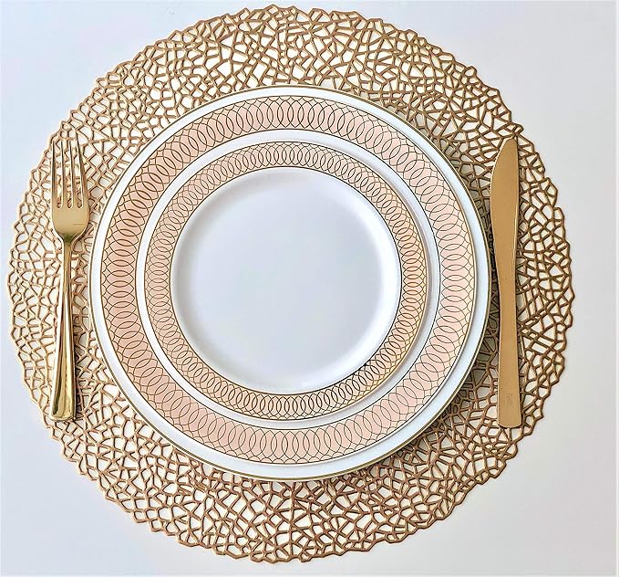 " OCCASIONS " 50 Plates Pack (25 Guests)-Wedding Party Disposable Plastic Plate Set -25 x 10'' Dinner + 25 x 7.5'' Salad/Dessert plates (Venice in White/Blush/Peach & Gold)