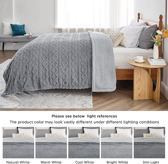 Bedsure Sherpa Fleece Blanket Twin Size for Bed - GentleSoft Fluffy & Cozy Cable Jacquard Tufted for Women Gift, Thick and Warm Blankets for Winter, Grey, 60x80 Inches