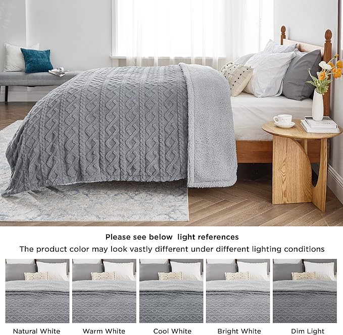Bedsure Sherpa Queen Size Blanket for Bed - Fleece Soft Fluffy & Cozy Cable Jacquard Tufted Throw Blankets for Women Gift, Thick Warm for Winter and All Seasons, Grey, 90x90 Inches