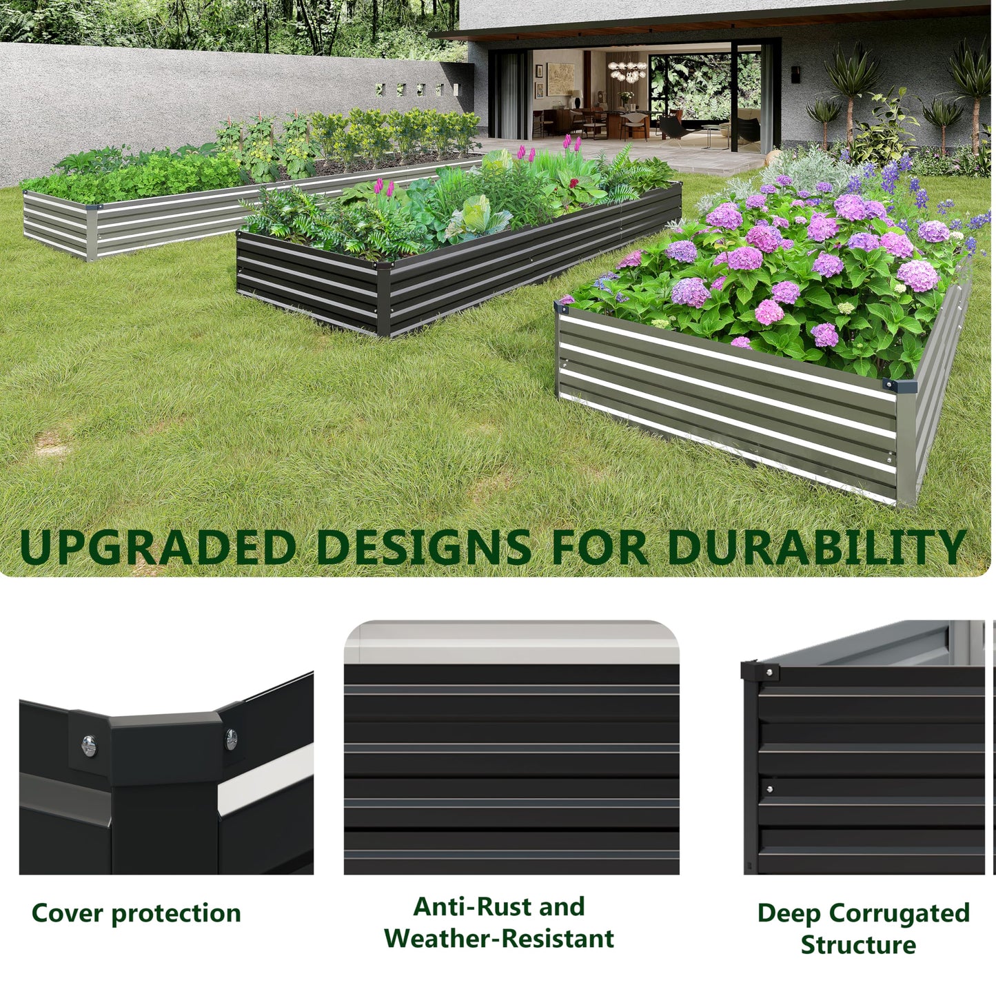 Henshwon 2PCS 10x3x1ft Galvanized Raised Garden Bed Kit,Metal Planter Box for Vegetables,Flowers,Herbs Durable Rust-Resistant Patio Gardening Beds,Black