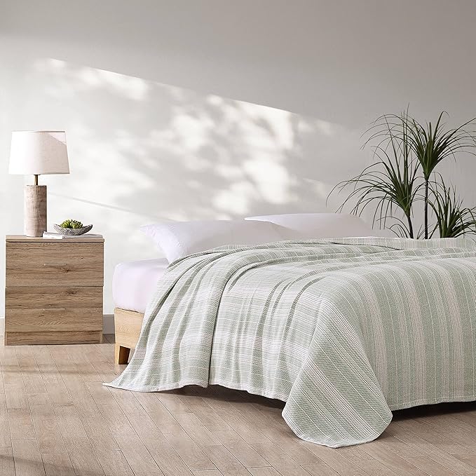 Tommy Bahama- Queen Blanket, Soft Cotton Bedding, Coastal Inspired Bedding Essentials (Sandy Shore Stripe Green, Queen)