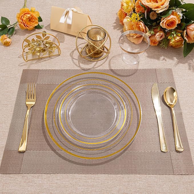 100Pcs Clear Plastic Dessert Plates, Thanksgiving Plates Disposable Salad Plate with Gold Rim, Premium Hard Fancy Small Plate, Heavy Duty Plastic Cakes Platos for Party, Wedding and Birthday