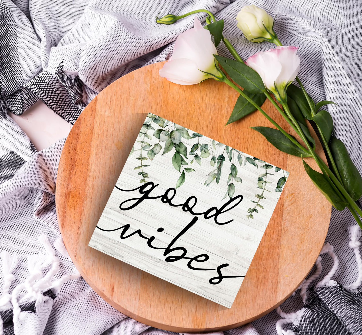 SRADMO Botanical Eucalyptus Leaves Wood Box Sign Desk Decor, Rustic Eucalyptus Leaves Wooden Block Box Sign Decoration For Home Shelf Table Office Decor 6x6 inches