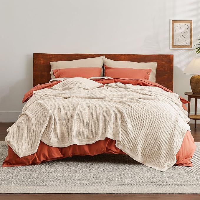 Bedsure 100% Cotton Blanket Queen Size for Bed - Breathable and Soft, Waffle Weave Blanket for Summer Spring, Beige, 90x90 Inches