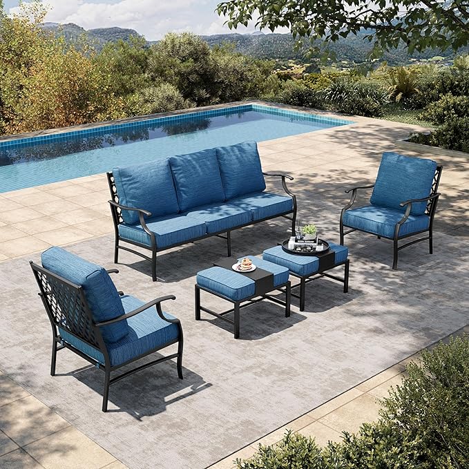 HERA'S HOUSE 5 Piece Patio Furniture Set, 2 x Leg Chair, 2 x Ottoman, 1 x 3-Seat Sofa, All Cushioned 7 Seats Metal Outdoor Conversation Set for Lawn Garden Backyard