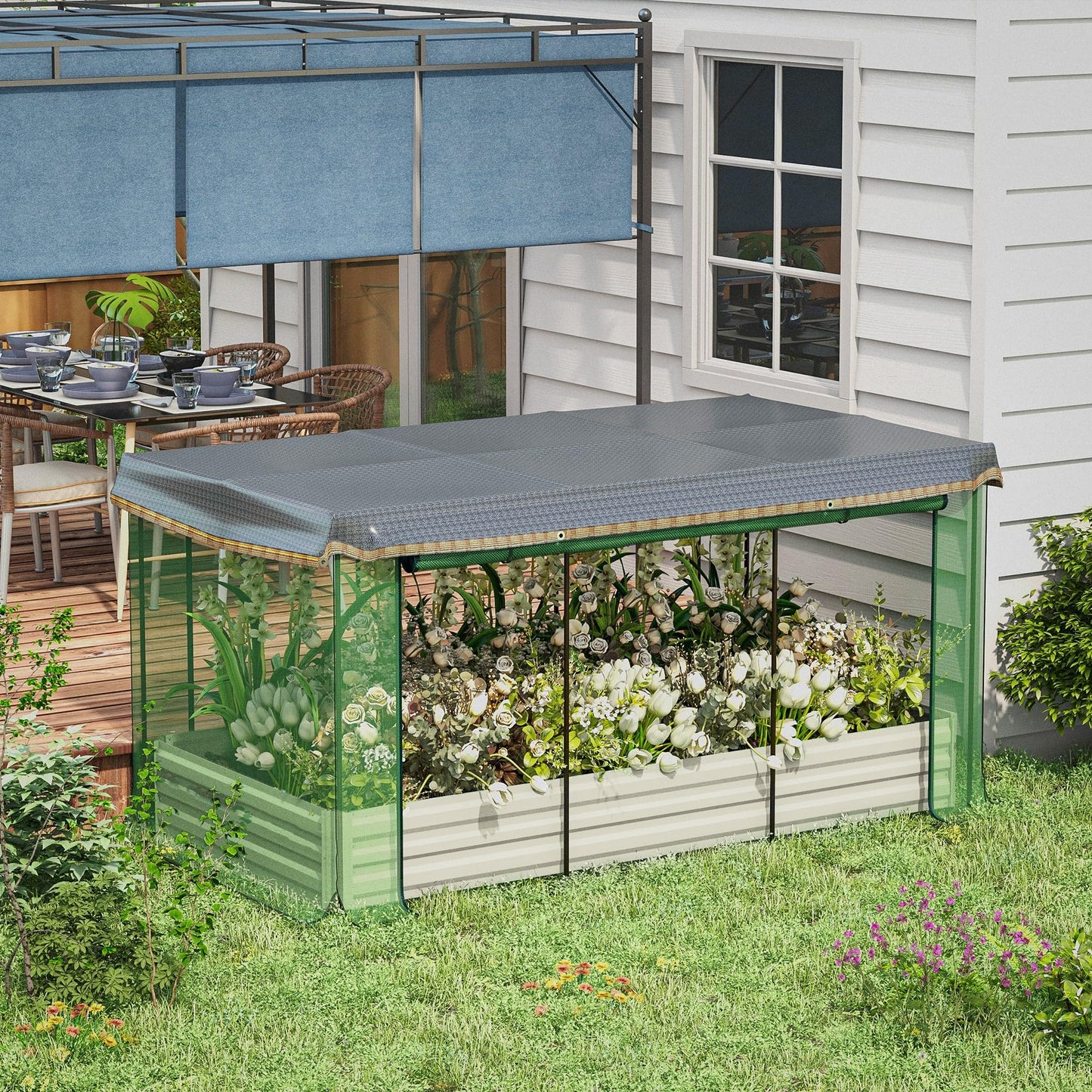 Outsunny 7.3 x 3.4 x 1 ft Galvanized Raised Garden Bed with Crop Cage Plant Protection Net and Shade Cloth Roof, Metal Planter Box with Cover for Vegetables, Flowers, Herbs, Beige