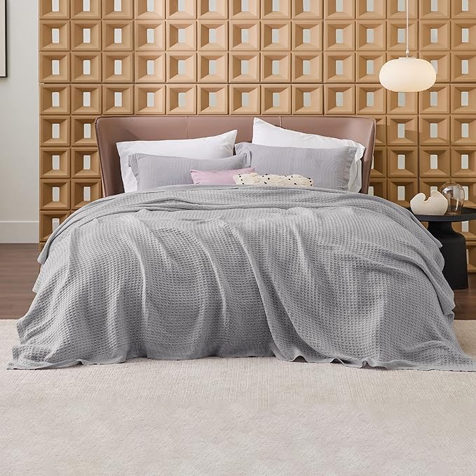 Bedsure 100% Cotton Blanket King Size for Bed - Breathable and Soft, Waffle Weave Blanket for Summer Spring, Grey, 104x90 inches
