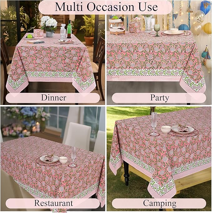 Ridhi Hand Block Print Strawberry Pink Square Cotton Tablecloth 60" x 60" Reusable Table Cover Decorative Everyday Use for Dining, Farmhouse, Home Gift for Spring, Easter, Valentine