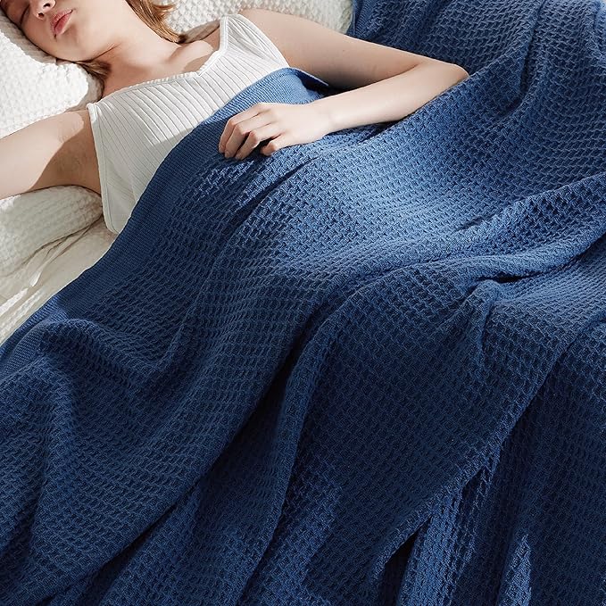 Bedsure 100% Cotton Large Blanket Oversized King for Bed - Breathable Waffle Weave Blanket for Summer Spring, Couch Cover, Navy, 120x94 inches