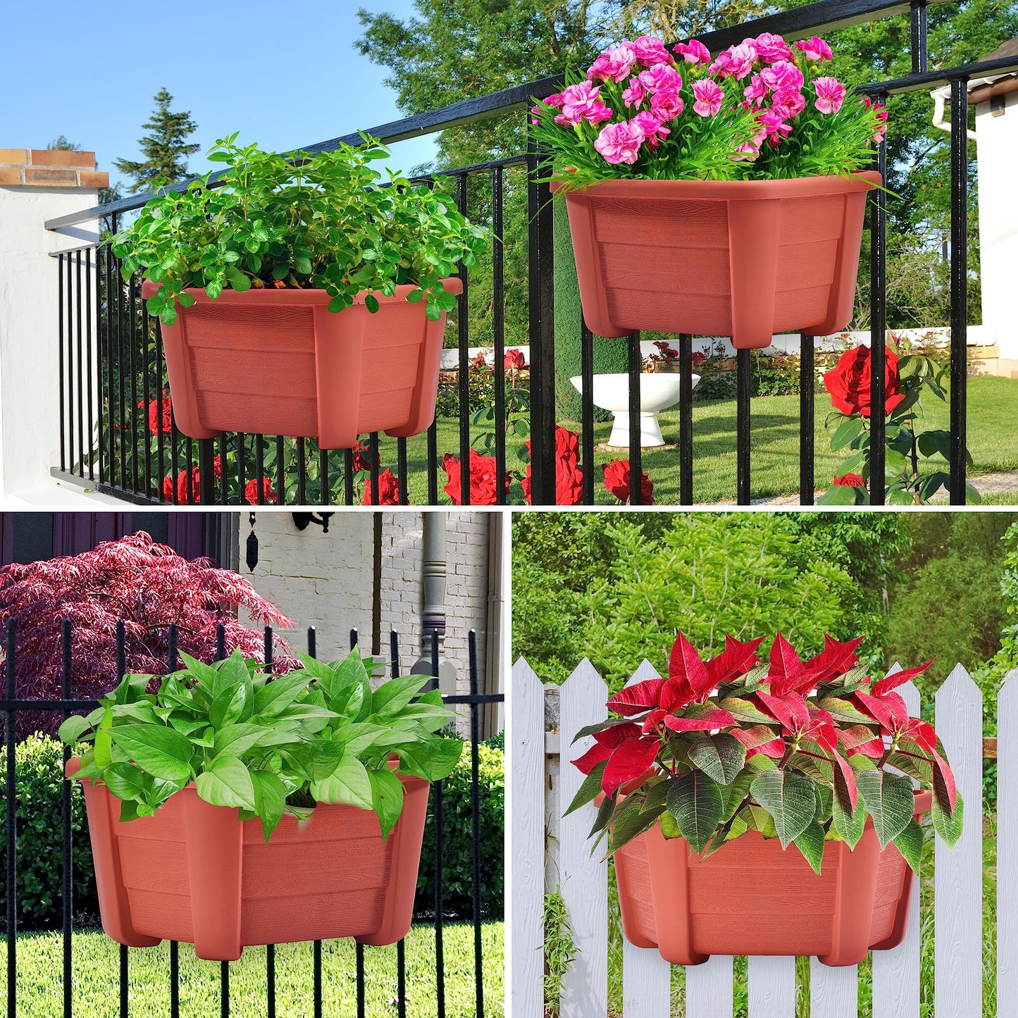 ORIMERC 9.8 inch 8 Pack Brick Red Wall Hanging Planters for Indoor Outdoor Plants Hanging Plant Holder with Drainage Hole Fence Balcony Planters Railing Hanging Pot Plant Wall Mount Decor with Hooks