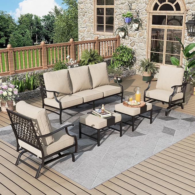 Patio Furniture Set 5 pcs, Outdoor Patio Furniture Set, 3-Seat Sofa, 2 Rocking Chairs, 2 Ottomans and 5.75" Extra Thick Cushion, Patio Conversation Set for Backyard Deck,Beige