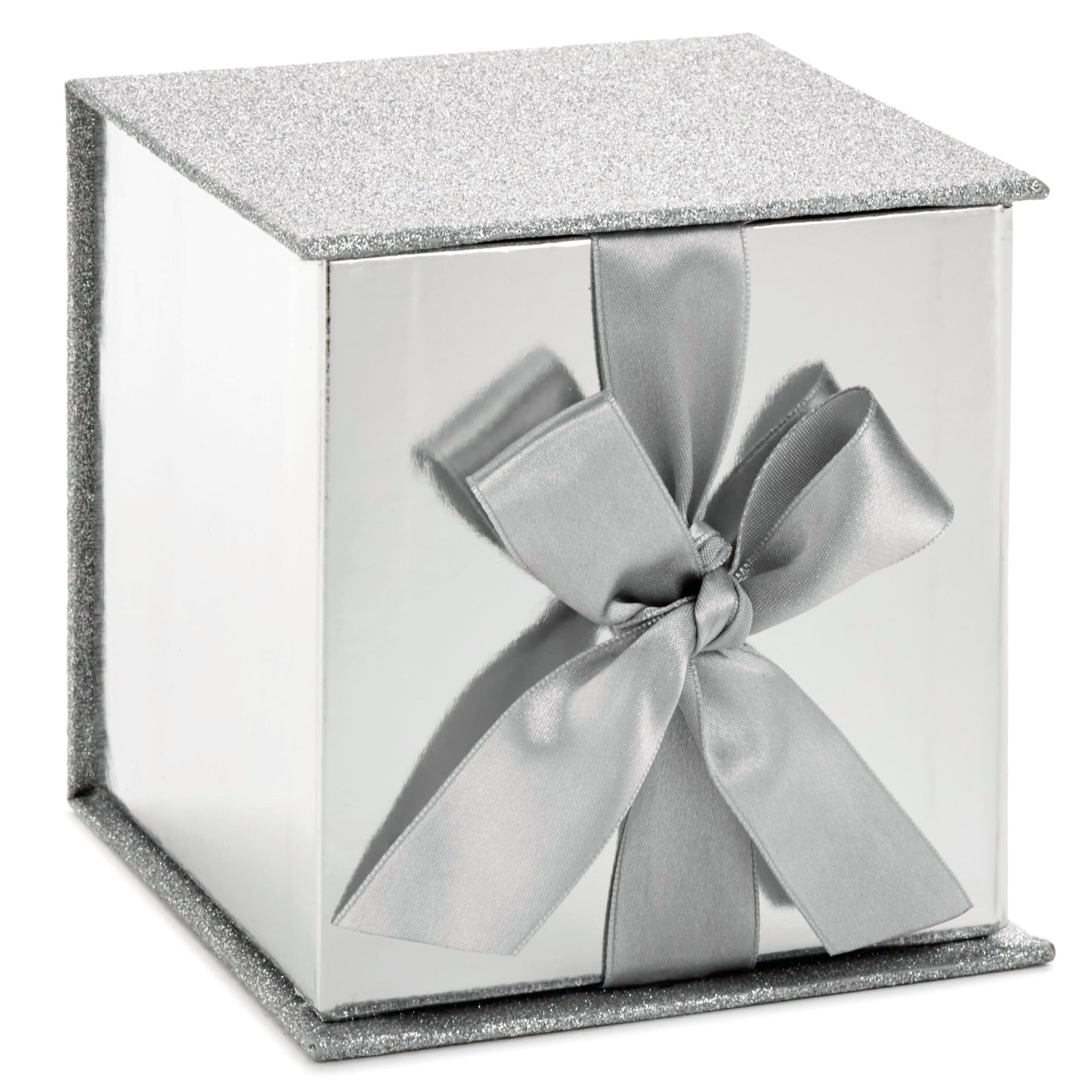 Hallmark Small Gift Box with Bow and Shredded Paper Fill (Silver Signature 4 inch Gift Box with Glitter) for Weddings, Graduations, Bridal Showers, Anniversaries, All Occasion