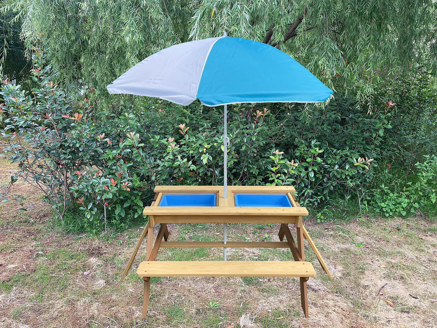 BTExpert Kids 3-in-1 Sand Water Activity Table Wooden Outdoor Convertible Picnic Table Bench Adjustable Umbrella Removable Top 2 Play Boxes Toy Set 37 x 35 in