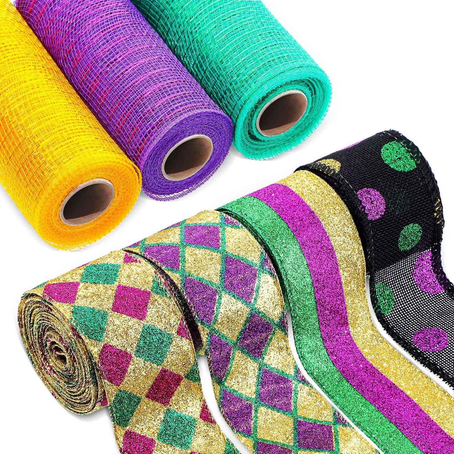 Jutom 7 Rolls 35 Yards Mardi Gras Wired Edge Ribbons Metallic Poly Mesh Purple Gold and Green Stripe Ribbon Glitter Metallic Wrapping Decor for Mardi Gras Masquerade Party Decoration
