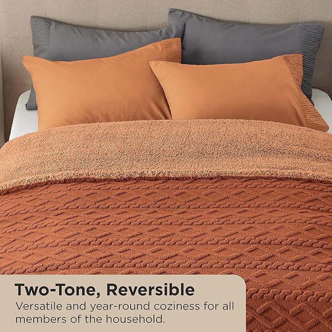 Bedsure Sherpa Queen Size Blanket for Bed - GentleSoft Fleece Fluffy & Cozy Cable Jacquard Tufted for Women Gift, Thick and Warm Blankets for Winter, Orange, 90x90 Inches