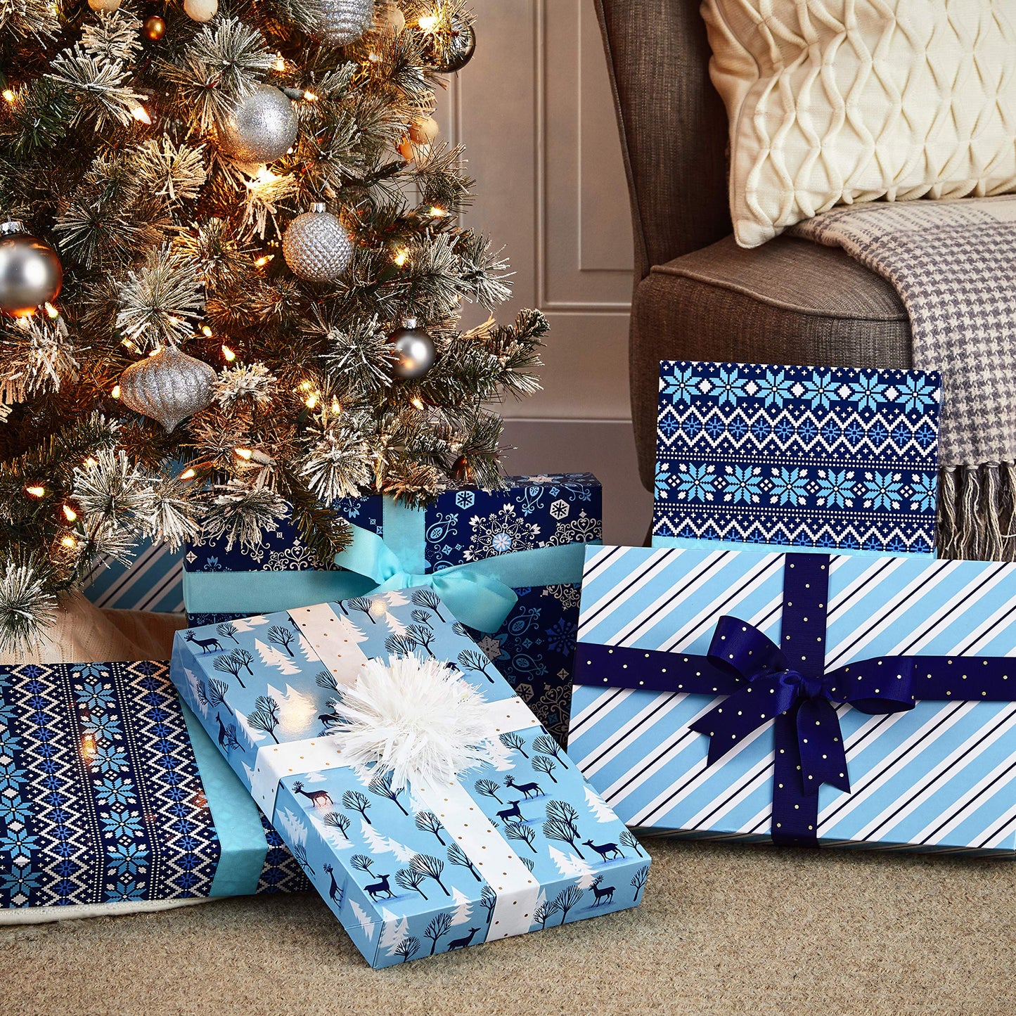 Hallmark Medium Holiday Gift Boxes with Lids (12 Shirt Boxes, 4 Designs: Snowflakes, Stripes, Sweater Pattern, Reindeer) for Christmas, Hanukkah, Holiday Parties, Hostess Gifts