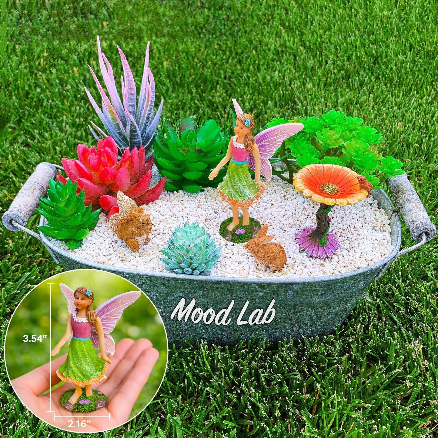 Mood Lab Fairy Garden Figurines with Flower - Miniature Decor Set (4 pcs) - Statues & Accessories - Outdoor Indoor Garden Decor