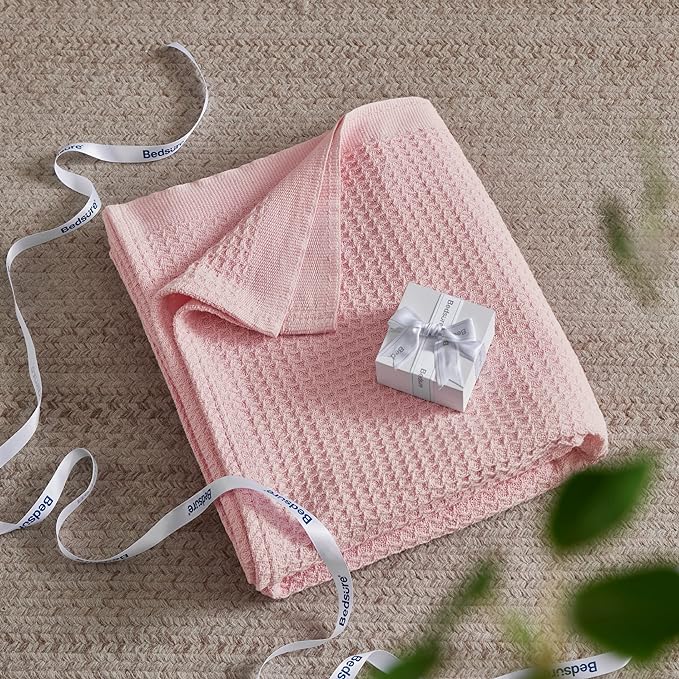 Bedsure 100% Cotton Blanket King Size for Bed - Breathable and Soft, Waffle Weave Blanket for Summer Spring, Pink, 104x90 inches