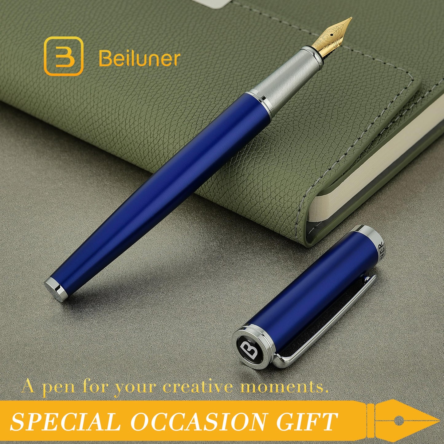 BEILUNER Luxury Fountain Pen Set,Solid 24K Gilded Medium Nib, Modern Classic Limited Edition -Includes 6 Ink Cartridges&Ink Refill Converter with Gift Case-Perfect for Men and Women（Charming blue）