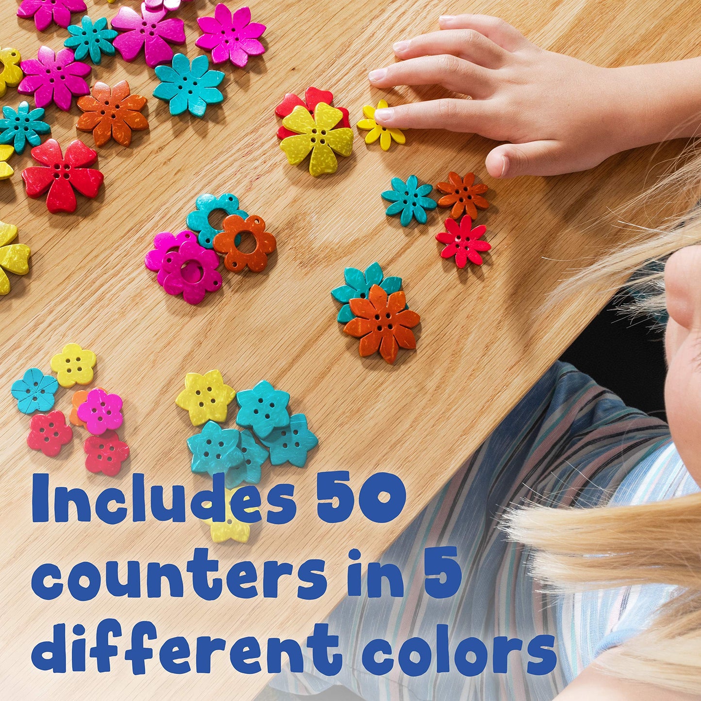 READY 2 LEARN Coconut Flowers - Set of 50-6 Shapes - 5 Colors - Natural, Hand Made Counters for Kids - Use for Crafts and Jewlry Making