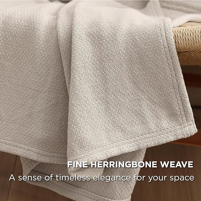Bedsure 100% Cotton Blanket Queen Size for Bed - Breathable and Lightweight, Soft Cozy Textured Herringbone Woven Blanket for Summer Spring, Linen Beige, 90x90 inches
