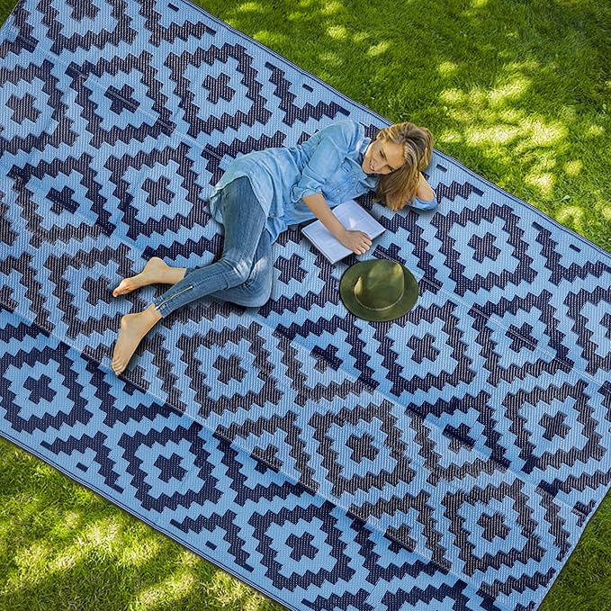 SAND MINE Reversible Mats, Plastic Straw Rug, Modern Area Rug, Large Floor Mat and Rug for Outdoors, RV, Patio, Backyard, Deck, Picnic, Beach, Trailer, Camping, Blue, 5' x 8'