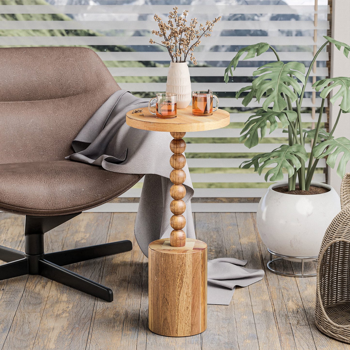 COZAYH Natural Wood End Table with Round Top and Decorative Beaded Pedestal, Farmhouse Accent Side Table Drink Table for Living Room or Small Spaces